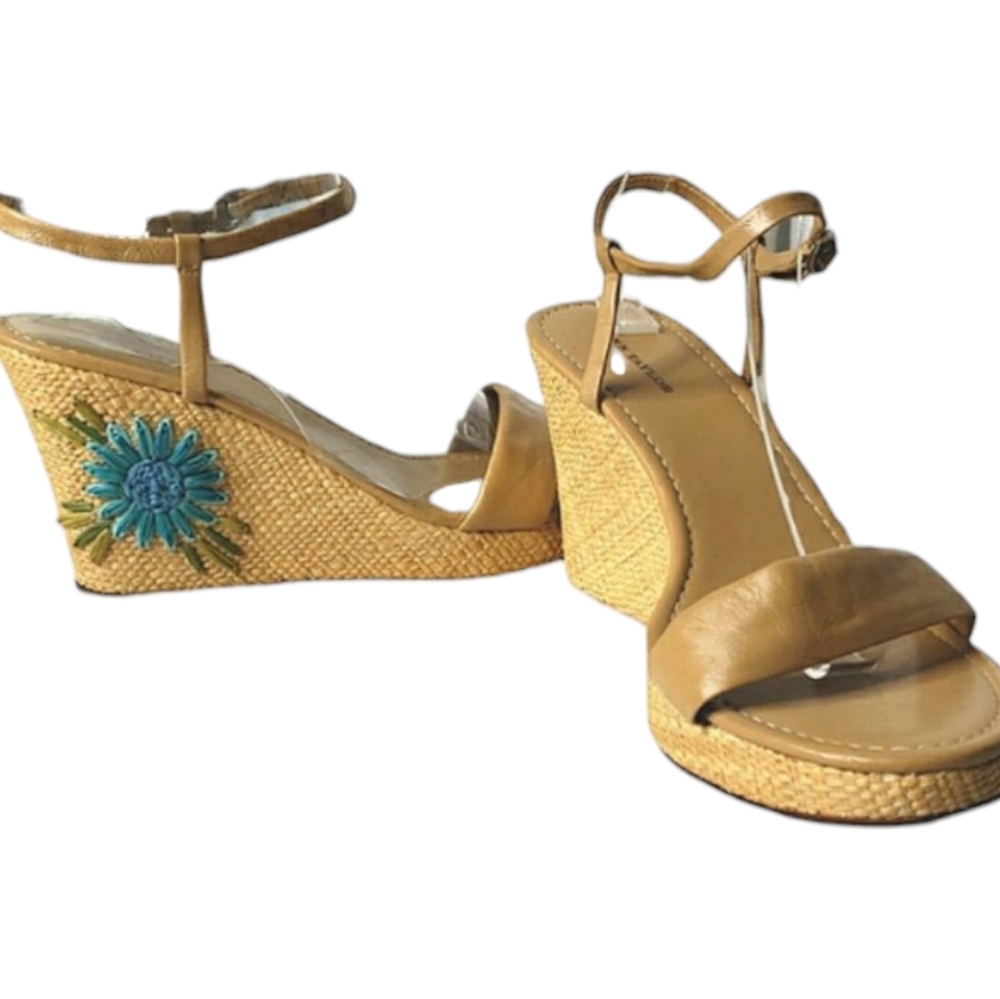 Spring Ann Taylor Wedge Strappy Floral Leather Straw Ankle Travel Summer Sand